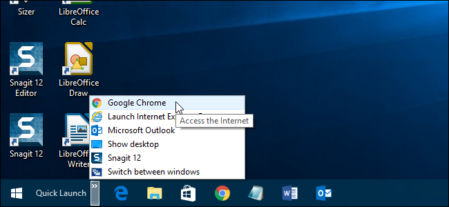 How to add icon to quick launch toolbar in windows 10
